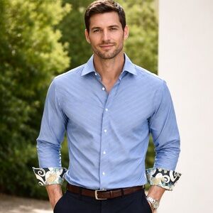 Robert Graham Blue Striped Button Down Shirt Floral Cuffs Size Small